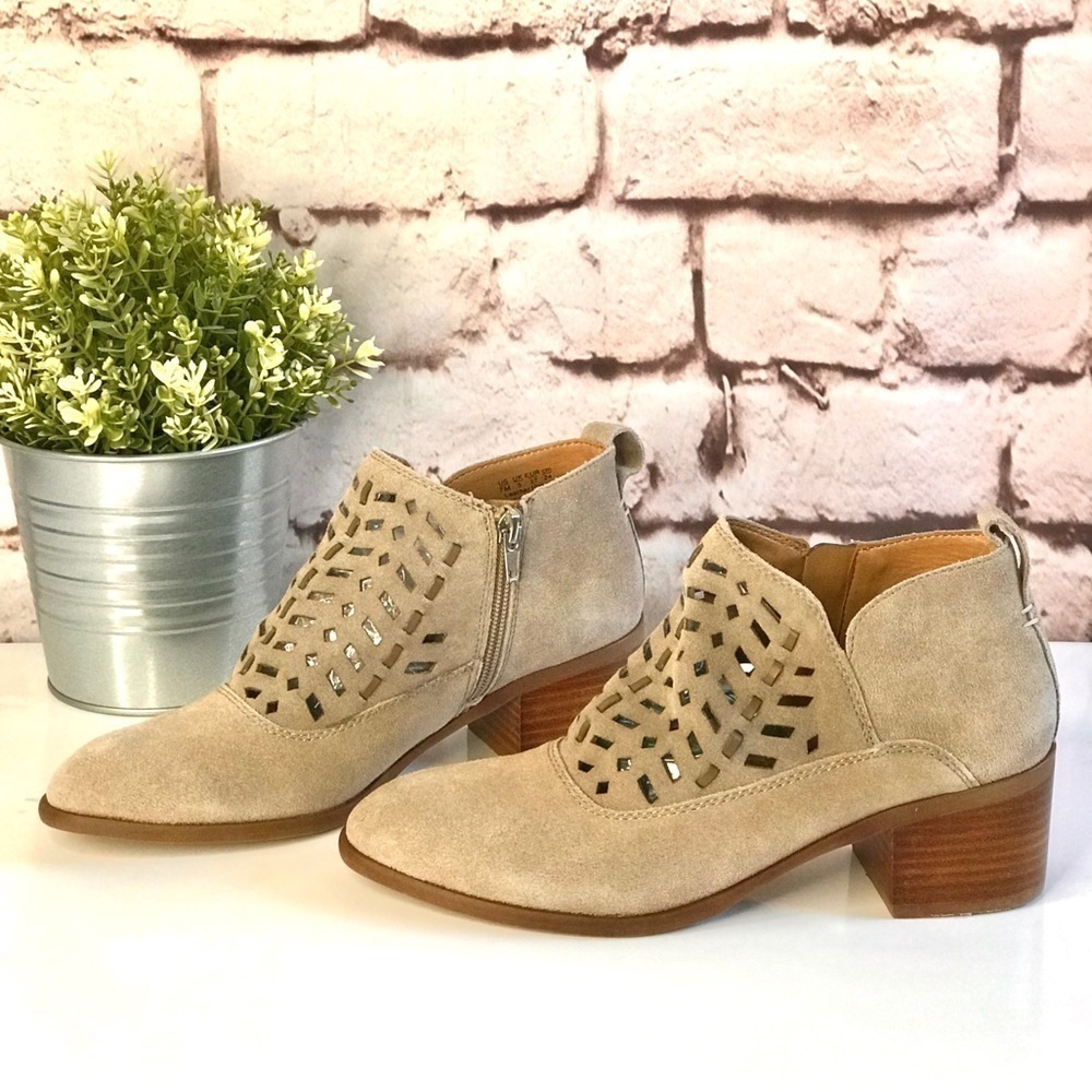 FRANCO SARTO RORY Tan Suede laser cut ankle boots Size 7 booties - Picture 13 of 15